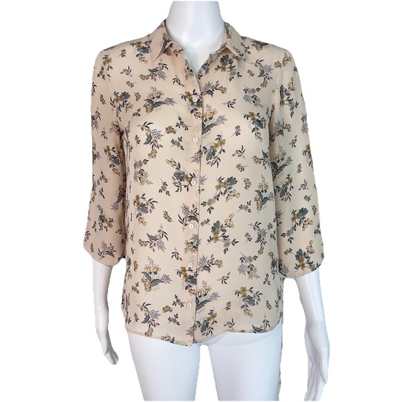 Zara Tops - Zara Blouse Top Womens Size XS Basic Summer Flower Beige Semi Sheer Button Front